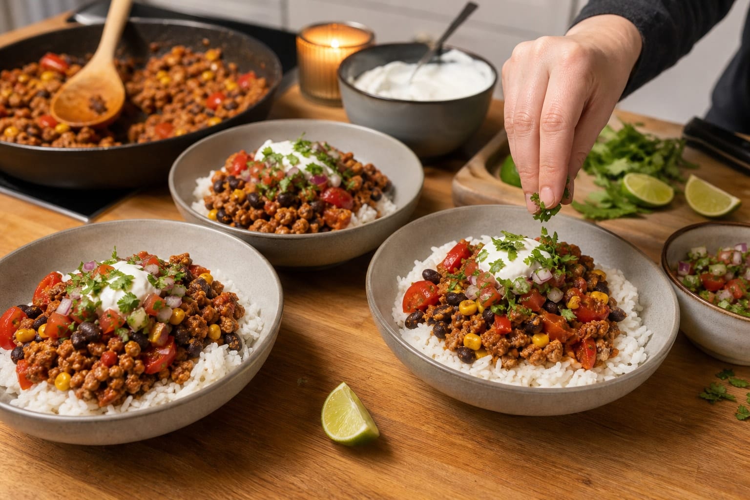 Turkey Black Bean Taco Rice Bowls with Lime Salsa cooking step 7: Build the bowls.