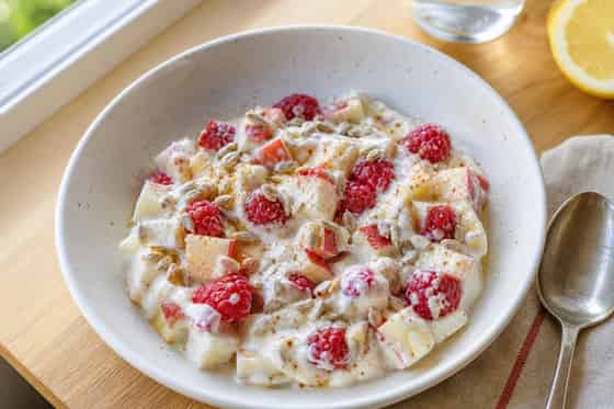 Apple Raspberry Yoghurt Crunch Pots with Sunflower Seeds.