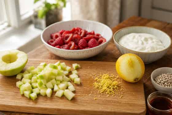 Apple Raspberry Yoghurt Crunch Pots with Sunflower Seeds cooking guide image for prepare the fruit.