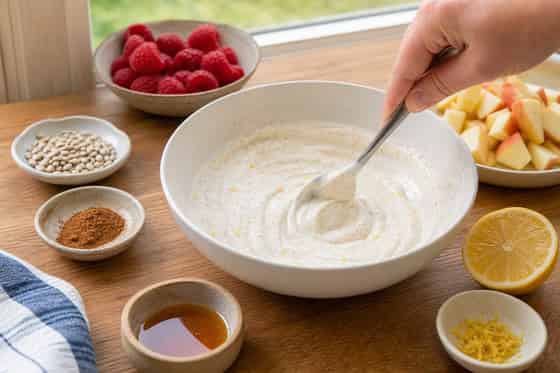 Apple Raspberry Yoghurt Crunch Pots with Sunflower Seeds cooking guide image for flavour the yoghurt.
