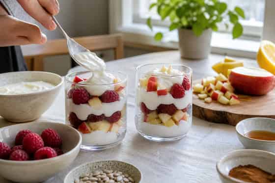 Apple Raspberry Yoghurt Crunch Pots with Sunflower Seeds cooking guide image for layer the pots.