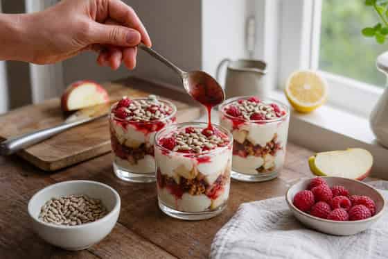 Apple Raspberry Yoghurt Crunch Pots with Sunflower Seeds cooking guide image for finish with crunch.