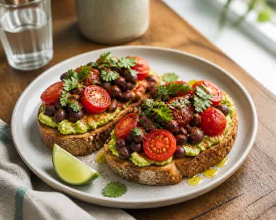 Smoky Avocado Black Bean Breakfast Toasts with Tomato.