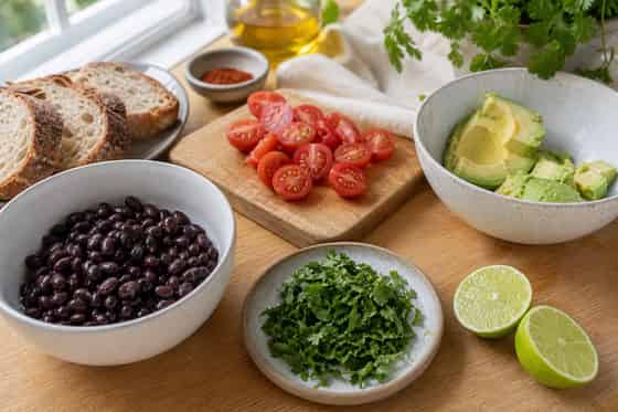 Smoky Avocado Black Bean Breakfast Toasts with Tomato cooking step 1: Prep the toppings.