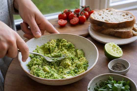 Smoky Avocado Black Bean Breakfast Toasts with Tomato cooking step 2: Mash the avocado.