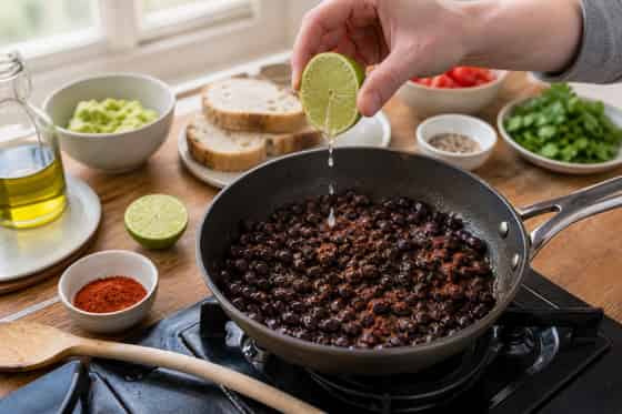 Smoky Avocado Black Bean Breakfast Toasts with Tomato cooking step 3: Warm the beans.