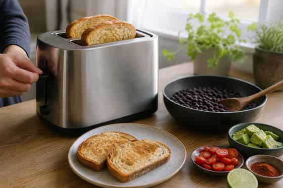 Smoky Avocado Black Bean Breakfast Toasts with Tomato cooking step 4: Toast the bread.