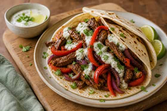 Beef Pepper Fajita Flatbreads with Lime Yoghurt.