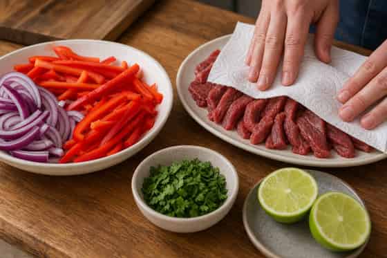 Beef Pepper Fajita Flatbreads with Lime Yoghurt cooking step 1: Prepare the fajita veg.