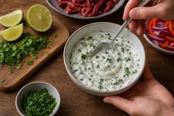 Beef Pepper Fajita Flatbreads with Lime Yoghurt cooking step 2: Mix the lime yoghurt.