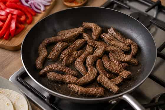 Beef Pepper Fajita Flatbreads with Lime Yoghurt cooking step 3: Sear the beef.