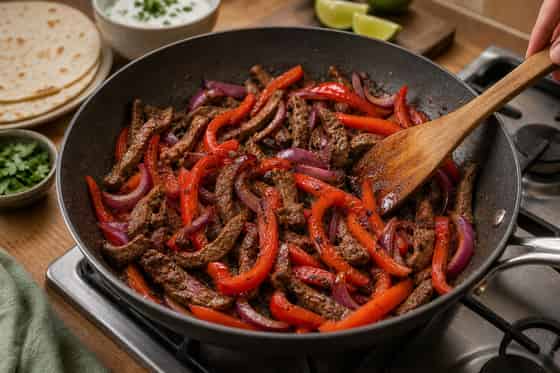 Beef Pepper Fajita Flatbreads with Lime Yoghurt cooking step 4: Fry the peppers.
