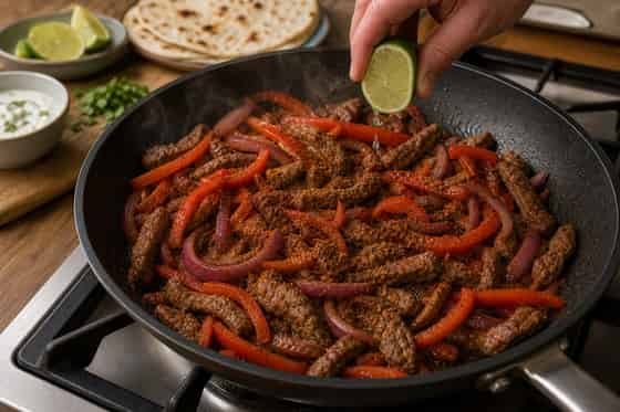Beef Pepper Fajita Flatbreads with Lime Yoghurt cooking step 5: Season the filling.