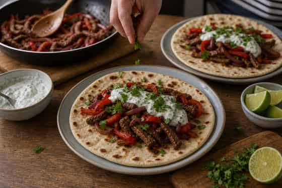 Beef Pepper Fajita Flatbreads with Lime Yoghurt cooking step 6: Warm and serve.