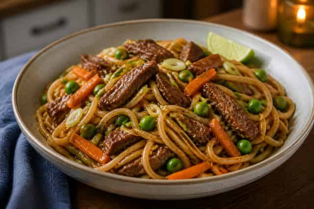 Beef Soy Ginger Noodle Stir Fry with Peas.