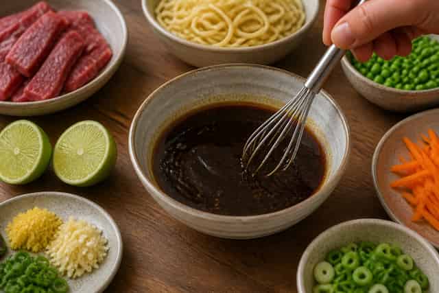 Beef Soy Ginger Noodle Stir Fry with Peas cooking step 2: Mix the sauce.
