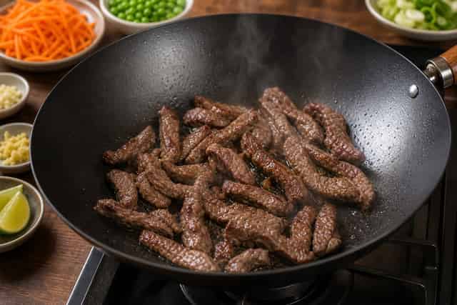 Beef Soy Ginger Noodle Stir Fry with Peas cooking step 4: Sear the beef.
