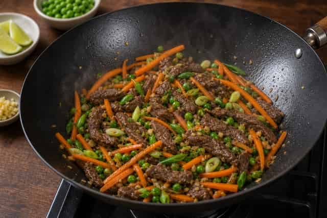Beef Soy Ginger Noodle Stir Fry with Peas cooking step 5: Stir-fry the veg.