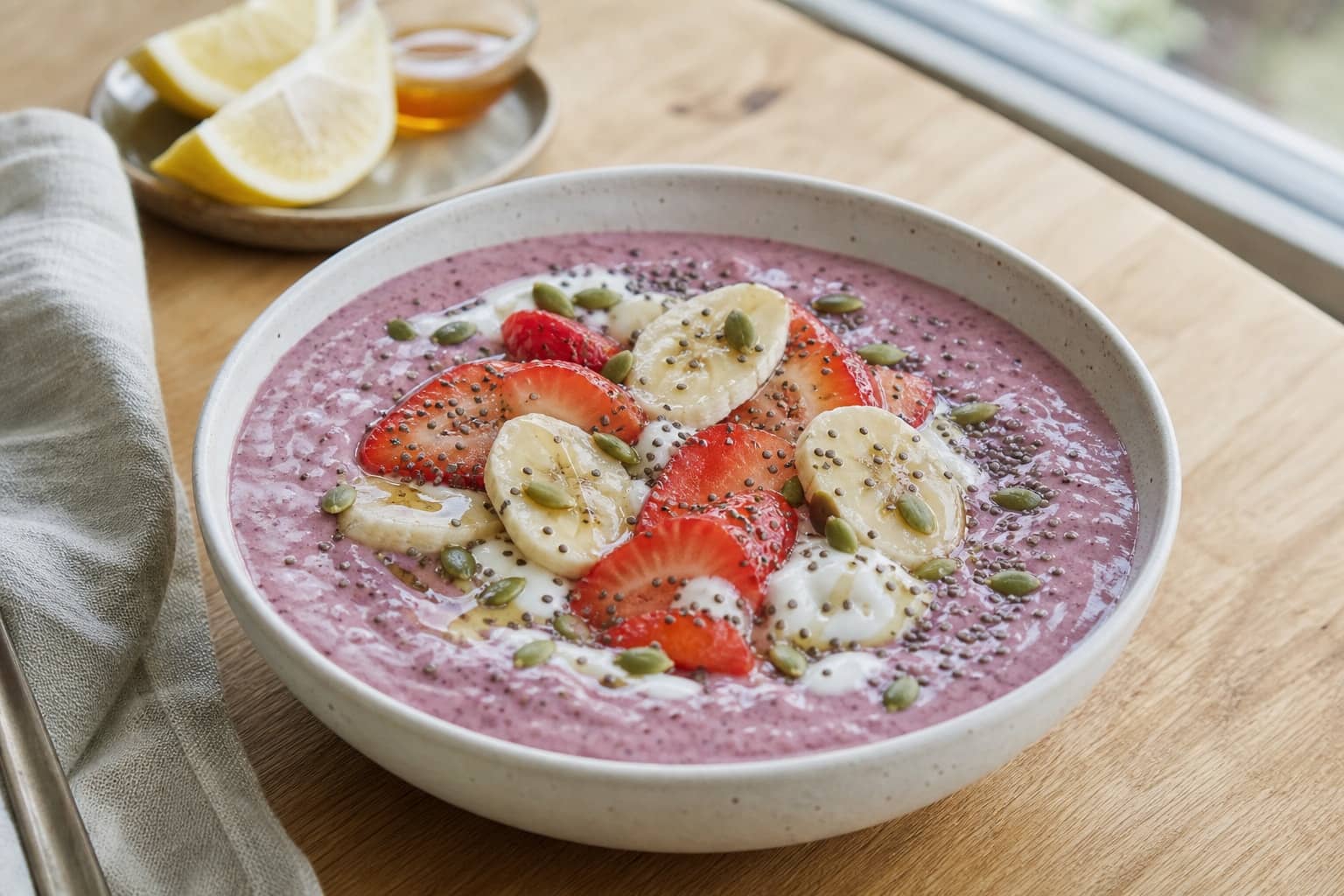 Berry Banana Chia Smoothie Bowls with Pumpkin Seeds.