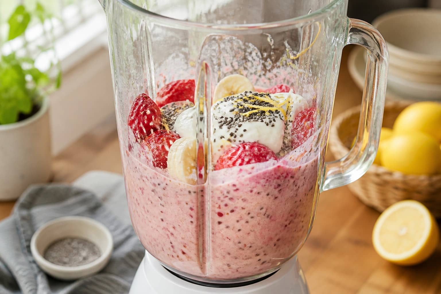 Berry Banana Chia Smoothie Bowls with Pumpkin Seeds cooking guide image for blend the smoothie base.