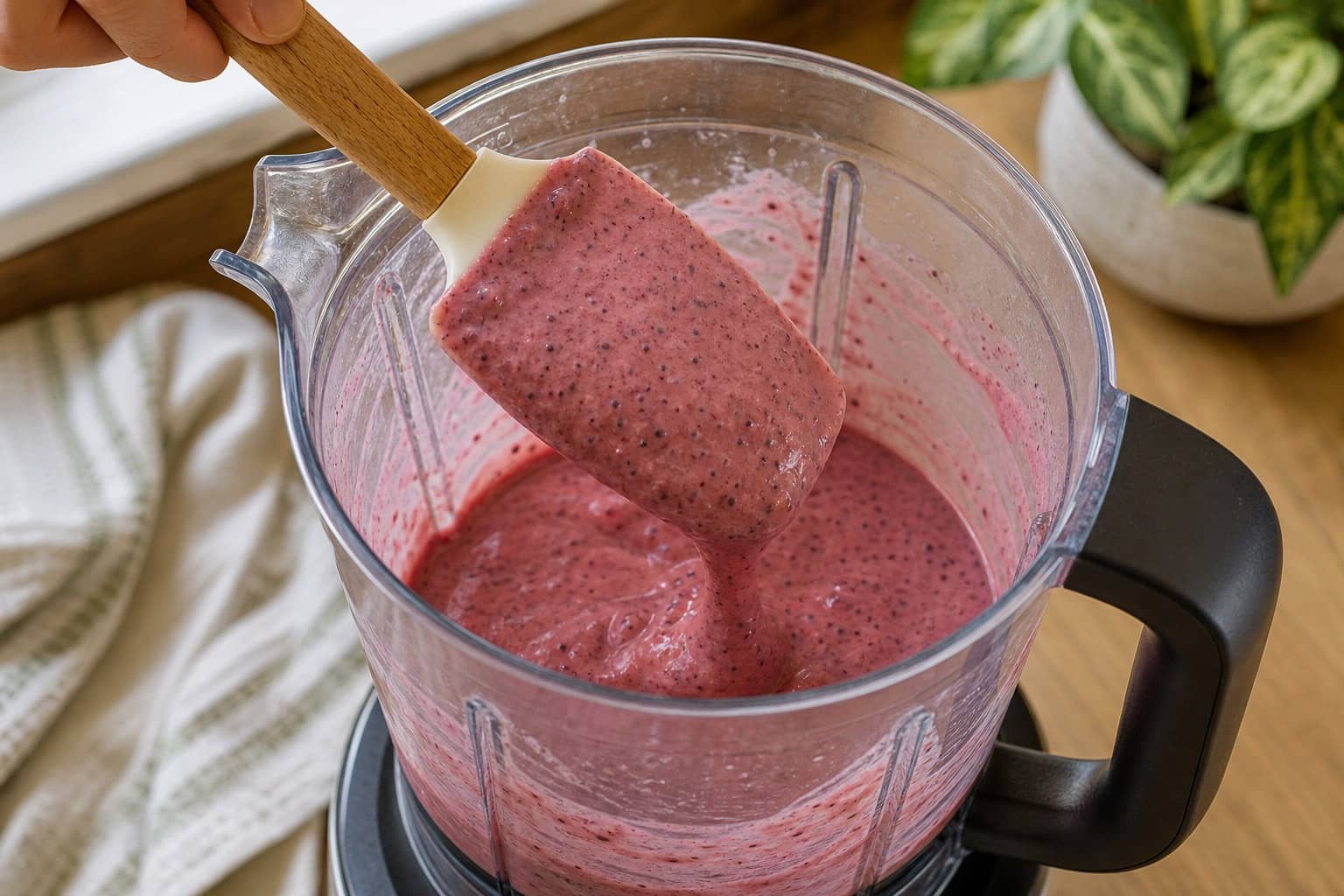Berry Banana Chia Smoothie Bowls with Pumpkin Seeds cooking guide image for check the texture.