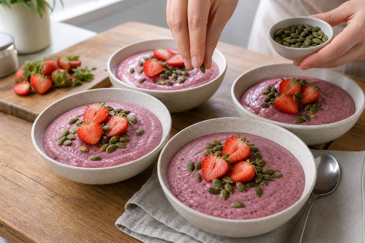 Berry Banana Chia Smoothie Bowls with Pumpkin Seeds cooking guide image for top the bowls.