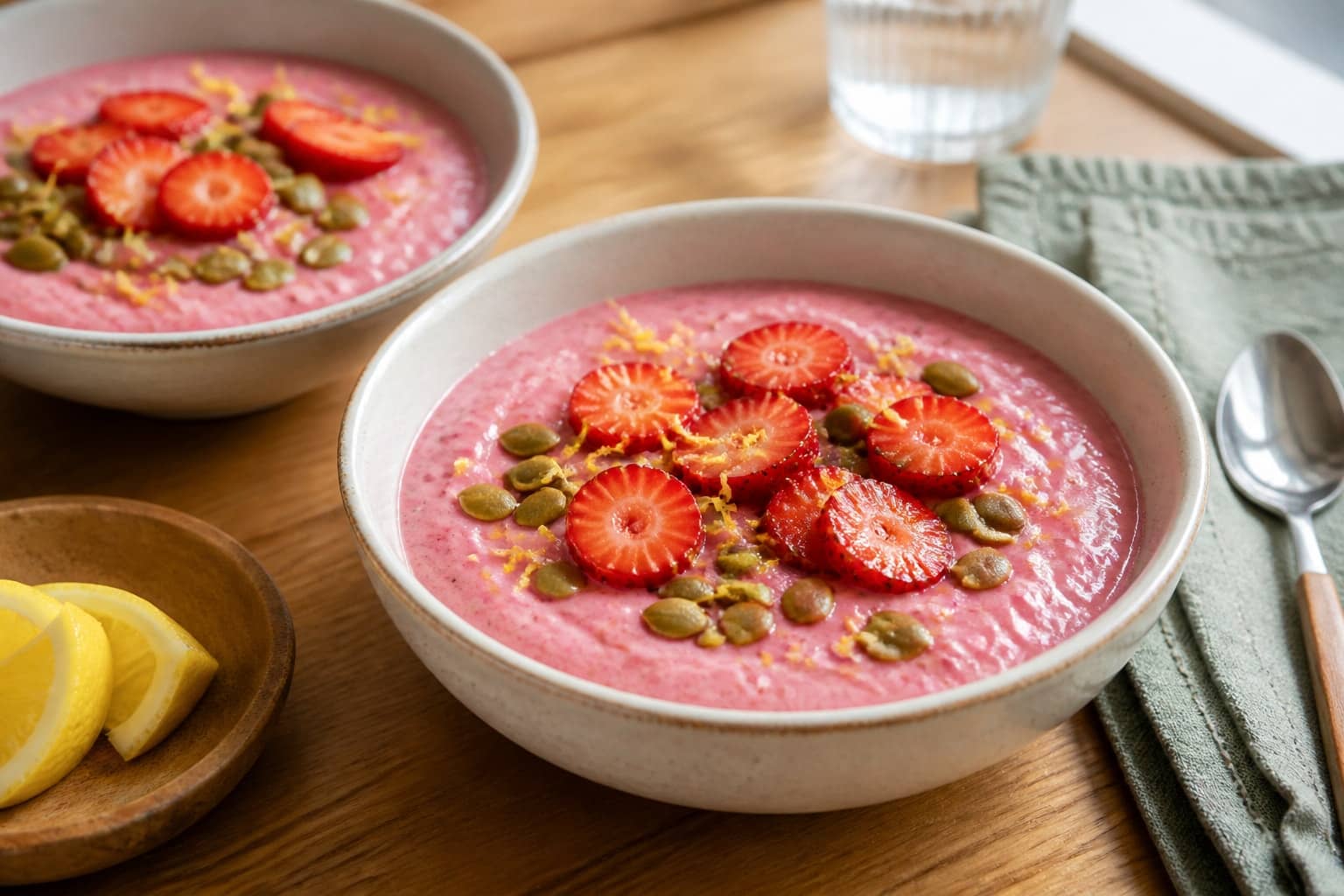 Berry Banana Chia Smoothie Bowls with Pumpkin Seeds cooking guide image for serve straight away.