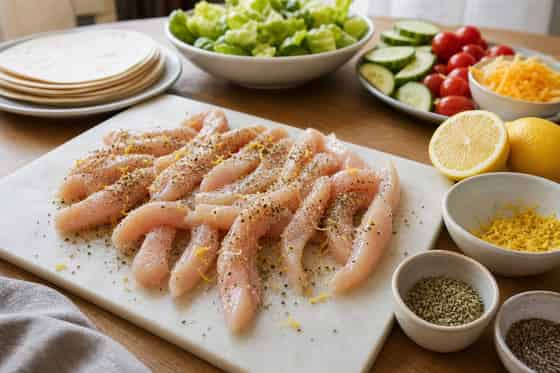 Chicken Lemon Cheddar Salad Wraps with Crisp Lettuce cooking step 1: Slice and season the chicken.