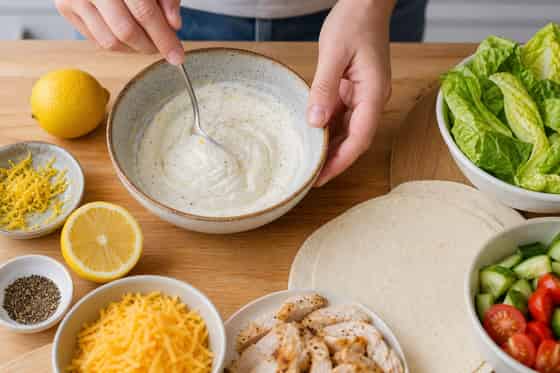 Chicken Lemon Cheddar Salad Wraps with Crisp Lettuce cooking step 4: Mix the dressing.