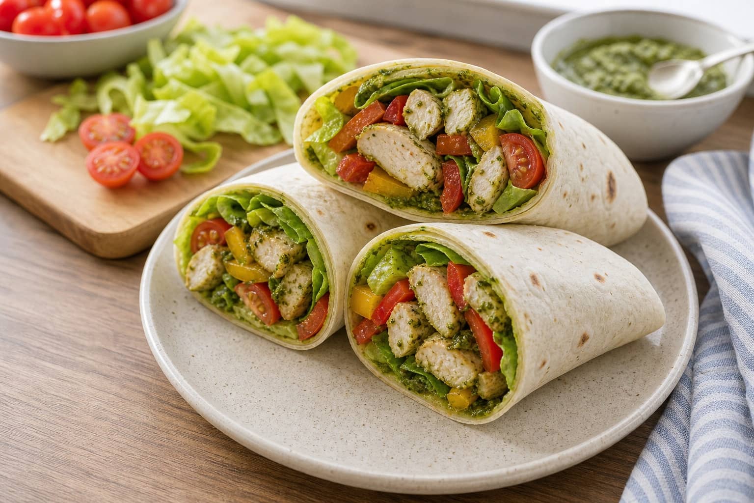 Herby Chicken Pesto Pepper Wraps cooking step 6: Fill the wraps.