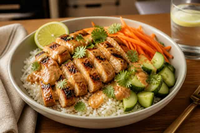 Chicken Satay Rice Bowls with Crunchy Cucumber.