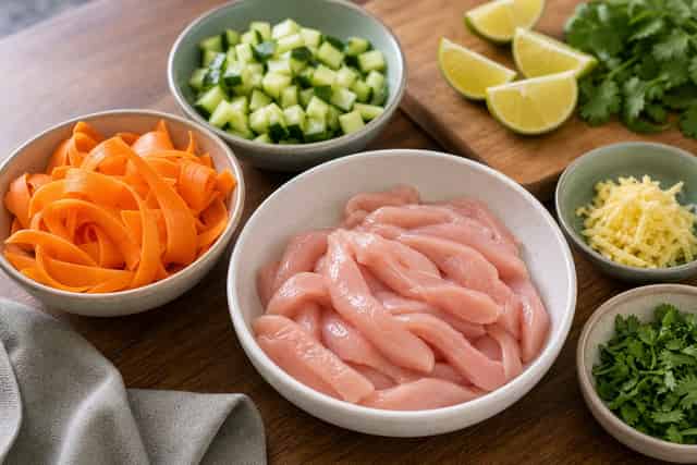 Chicken Satay Rice Bowls with Crunchy Cucumber cooking step 1: Prepare the bowl ingredients.