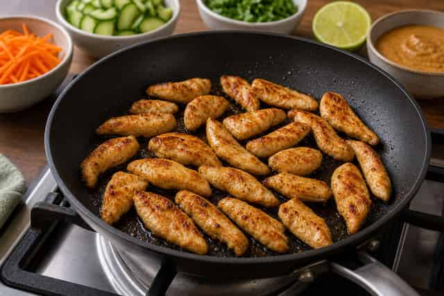 Chicken Satay Rice Bowls with Crunchy Cucumber cooking step 3: Cook the chicken.