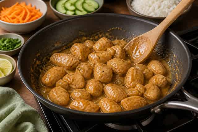 Chicken Satay Rice Bowls with Crunchy Cucumber cooking step 4: Coat with sauce.