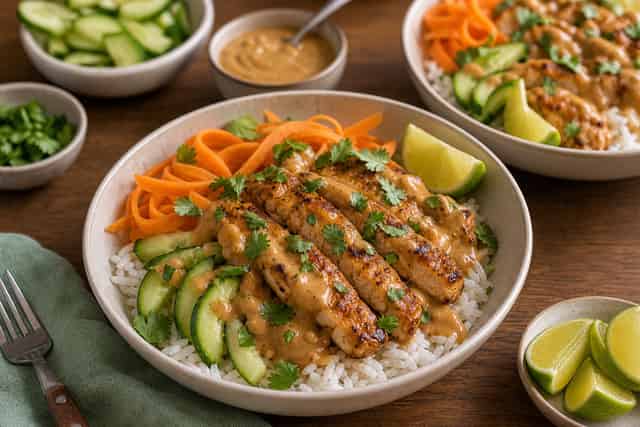 Chicken Satay Rice Bowls with Crunchy Cucumber cooking step 6: Serve the bowls.