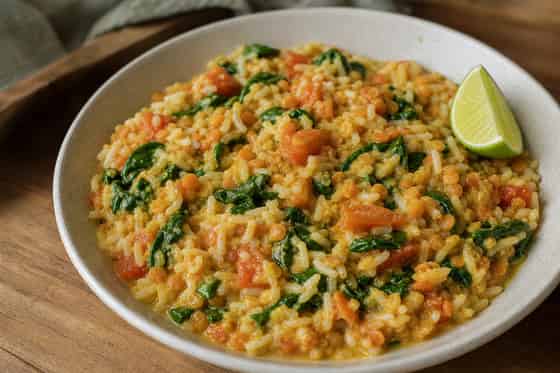 Coconut Red Lentil Spinach Rice Bowls with Lime.