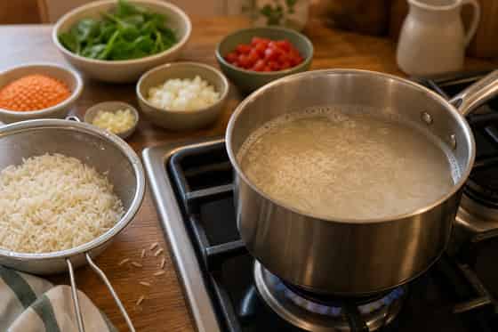 Coconut Red Lentil Spinach Rice Bowls with Lime cooking step 1: Start the rice.