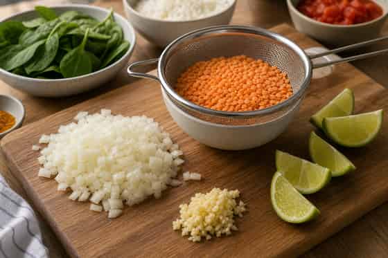 Coconut Red Lentil Spinach Rice Bowls with Lime cooking step 2: Prepare the base.