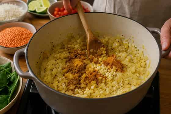 Coconut Red Lentil Spinach Rice Bowls with Lime cooking step 3: Build the spices.