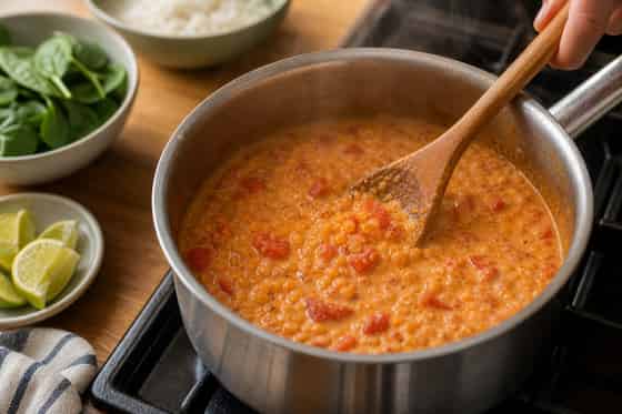 Coconut Red Lentil Spinach Rice Bowls with Lime cooking step 4: Simmer the lentils.