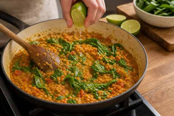 Coconut Red Lentil Spinach Rice Bowls with Lime cooking step 5: Wilt the spinach.