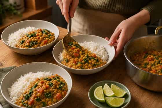 Coconut Red Lentil Spinach Rice Bowls with Lime cooking step 6: Serve the bowls.