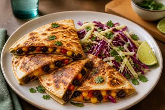 Charred Corn Black Bean Quesadillas with Lime Slaw.