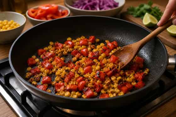 Charred Corn Black Bean Quesadillas with Lime Slaw cooking step 2: Char the veg.