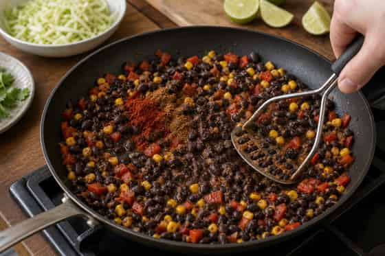 Charred Corn Black Bean Quesadillas with Lime Slaw cooking step 3: Season the beans.