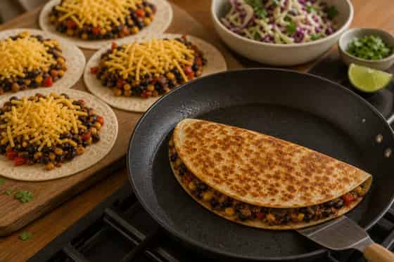 Charred Corn Black Bean Quesadillas with Lime Slaw cooking step 5: Toast the quesadillas.