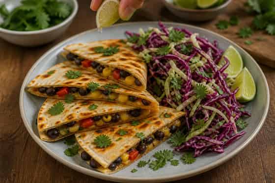Charred Corn Black Bean Quesadillas with Lime Slaw cooking step 6: Slice and serve.