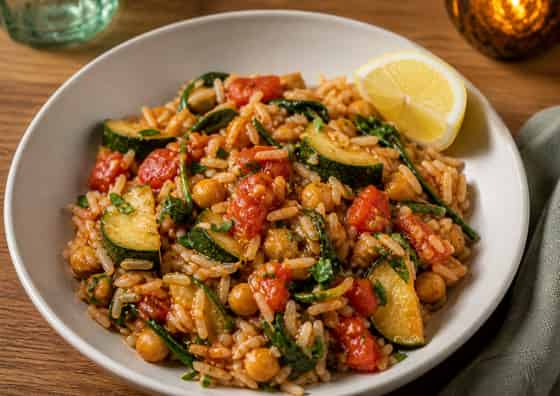 Courgette Chickpea Tomato Rice Bowls with Lemon.