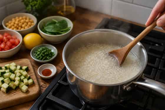 Courgette Chickpea Tomato Rice Bowls with Lemon cooking step 1: Cook the rice.