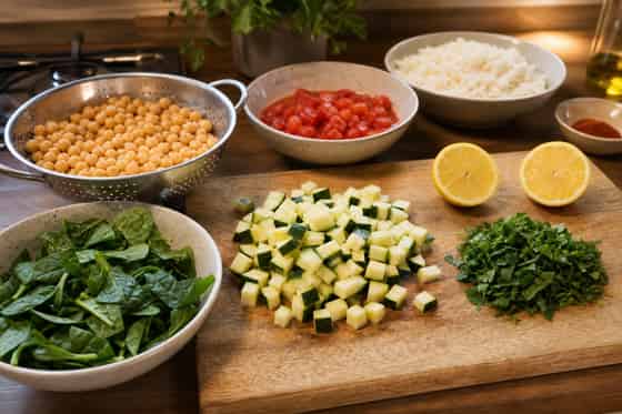 Courgette Chickpea Tomato Rice Bowls with Lemon cooking step 2: Prep the vegetables.